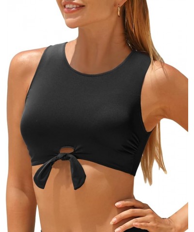 Women High Neck Bikini Top Swim Crop Top Tie Knot Front Lace Swimsuit Top Only Black-3 $12.30 Swimsuits