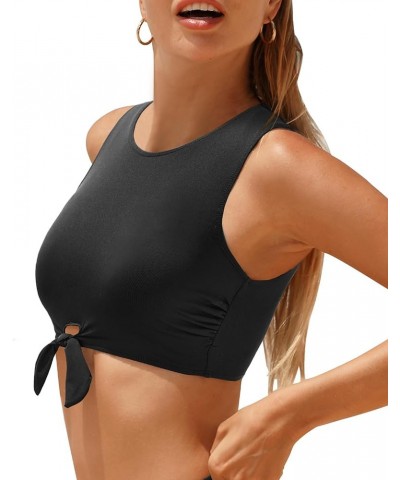 Women High Neck Bikini Top Swim Crop Top Tie Knot Front Lace Swimsuit Top Only Black-3 $12.30 Swimsuits