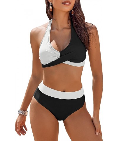 Womens Swimsuits Two Piece High Waisted Tummy Control Bathing Suits Color Block Criss Cross Wrap Front Bikini Sets Black and ...