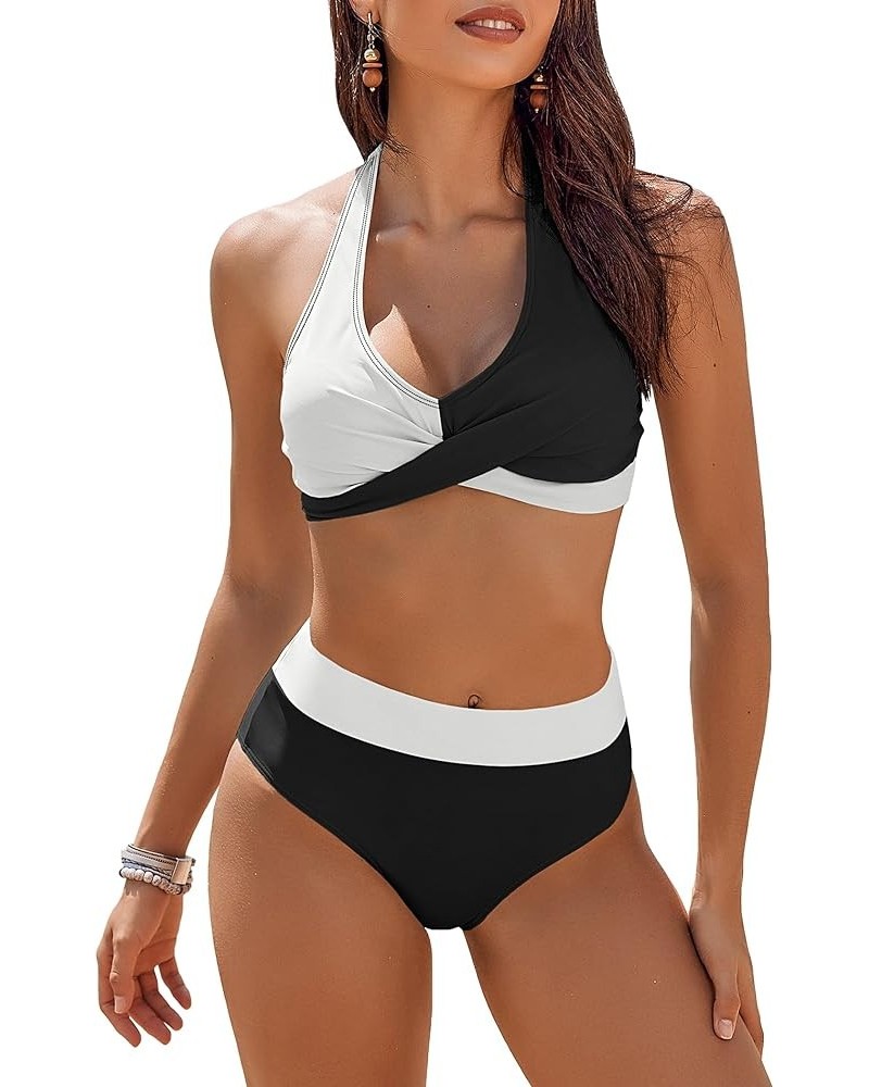 Womens Swimsuits Two Piece High Waisted Tummy Control Bathing Suits Color Block Criss Cross Wrap Front Bikini Sets Black and ...