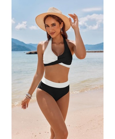 Womens Swimsuits Two Piece High Waisted Tummy Control Bathing Suits Color Block Criss Cross Wrap Front Bikini Sets Black and ...