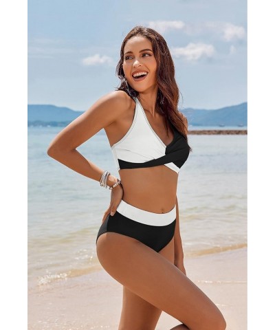 Womens Swimsuits Two Piece High Waisted Tummy Control Bathing Suits Color Block Criss Cross Wrap Front Bikini Sets Black and ...