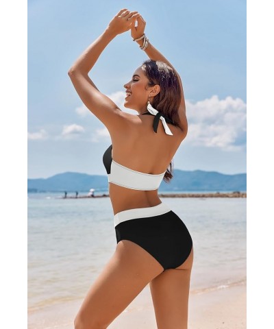 Womens Swimsuits Two Piece High Waisted Tummy Control Bathing Suits Color Block Criss Cross Wrap Front Bikini Sets Black and ...