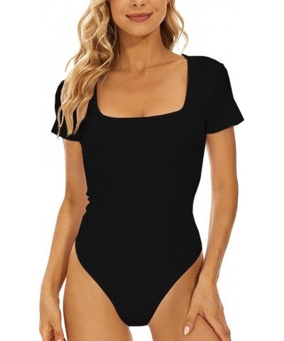 Women's Square Neck Short Sleeve Sexy Bodysuit Jumpsuits for Women Clothing Black $9.17 Bodysuits