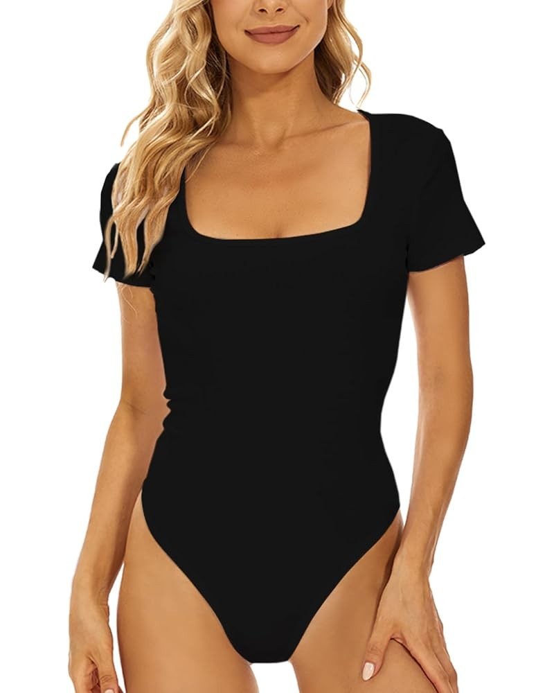 Women's Square Neck Short Sleeve Sexy Bodysuit Jumpsuits for Women Clothing Black $9.17 Bodysuits