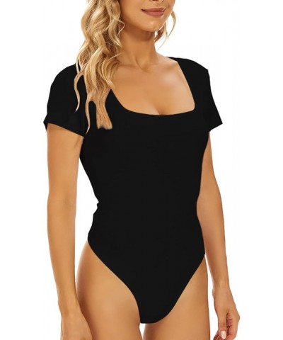 Women's Square Neck Short Sleeve Sexy Bodysuit Jumpsuits for Women Clothing Black $9.17 Bodysuits