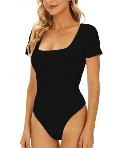 Women's Square Neck Short Sleeve Sexy Bodysuit Jumpsuits for Women Clothing Black $9.17 Bodysuits