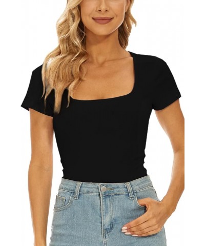 Women's Square Neck Short Sleeve Sexy Bodysuit Jumpsuits for Women Clothing Black $9.17 Bodysuits