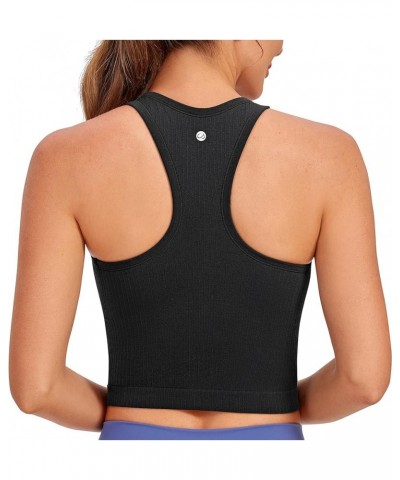 Womens Seamless Ribbed Longline High Neck Sports Bra - Racerback Padded Slim Fit Crop Tank Top with Built in Bra Black $19.47...