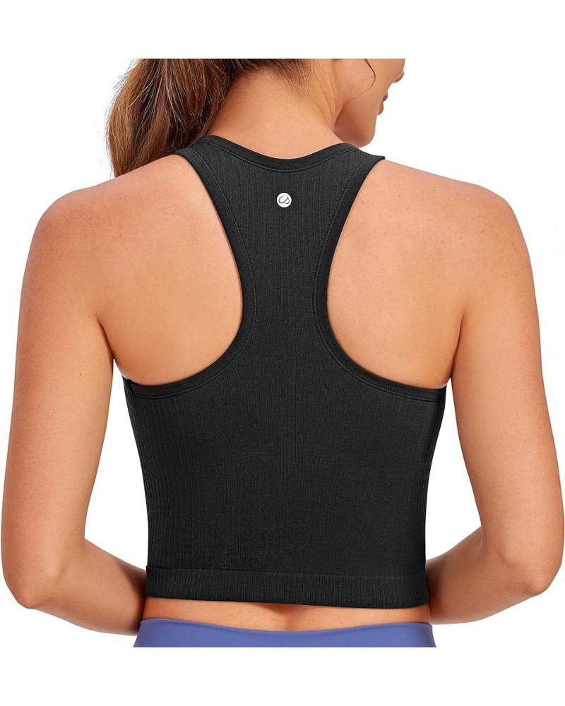 Womens Seamless Ribbed Longline High Neck Sports Bra - Racerback Padded Slim Fit Crop Tank Top with Built in Bra Black $19.47...