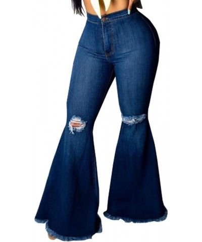 Women's Elastic Ripped Hole Classic Denim Bell Bottom Jeans 2024blue $22.41 Jeans