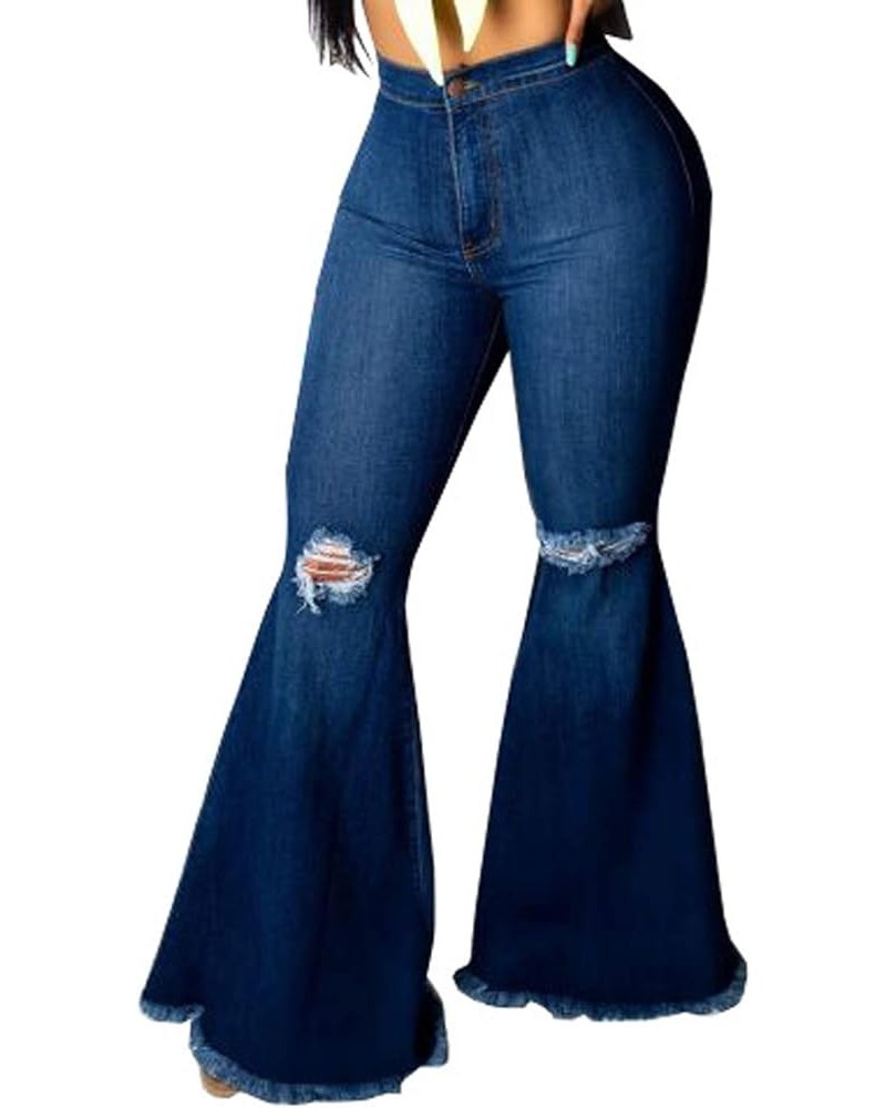 Women's Elastic Ripped Hole Classic Denim Bell Bottom Jeans 2024blue $22.41 Jeans