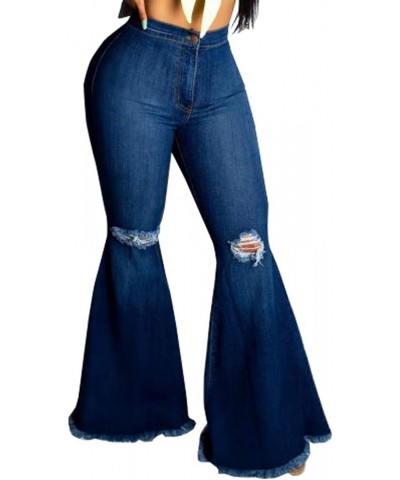 Women's Elastic Ripped Hole Classic Denim Bell Bottom Jeans 2024blue $22.41 Jeans