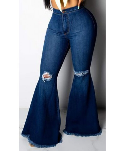 Women's Elastic Ripped Hole Classic Denim Bell Bottom Jeans 2024blue $22.41 Jeans