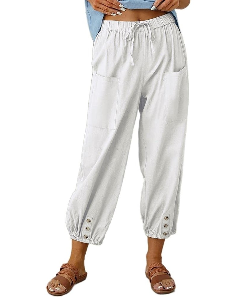 Cotton Linen Pants for Women High Waisted Drawstring Summer Comfy Flowy Casual Loose Beach Pants with Pockets White $13.95 Pants