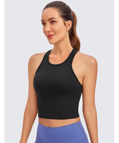 Womens Seamless Ribbed Longline High Neck Sports Bra - Racerback Padded Slim Fit Crop Tank Top with Built in Bra Black $19.47...