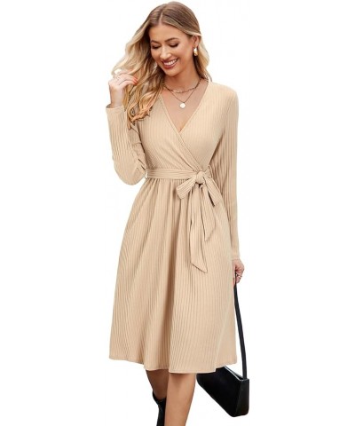 Women's 2023 Sweater Dress Long Sleeve Spring Business Casual Outfits V Neck Ribbed Knit Belt Dresses with Pockets Apricot $2...