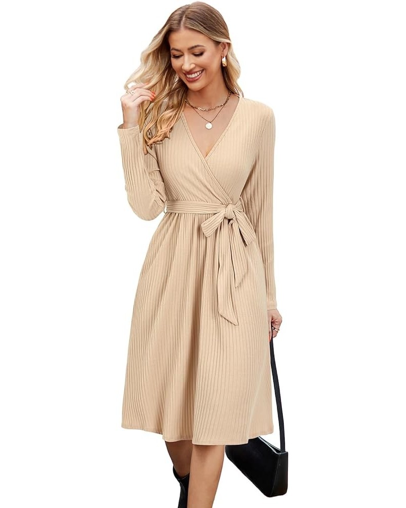 Women's 2023 Sweater Dress Long Sleeve Spring Business Casual Outfits V Neck Ribbed Knit Belt Dresses with Pockets Apricot $2...