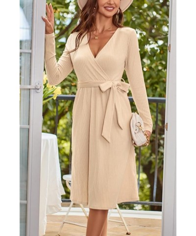 Women's 2023 Sweater Dress Long Sleeve Spring Business Casual Outfits V Neck Ribbed Knit Belt Dresses with Pockets Apricot $2...