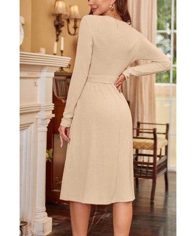 Women's 2023 Sweater Dress Long Sleeve Spring Business Casual Outfits V Neck Ribbed Knit Belt Dresses with Pockets Apricot $2...