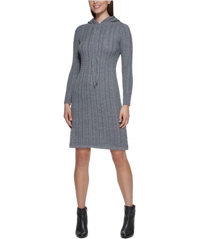 Womens Knit Textured Ribbed Drawstring Hood Pullover Long Sleeve Crew Neck Above The Knee Sweater Dress Grey $13.22 Sweaters