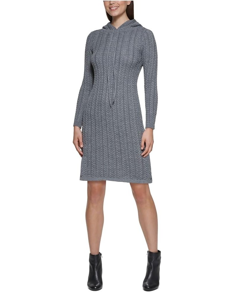 Womens Knit Textured Ribbed Drawstring Hood Pullover Long Sleeve Crew Neck Above The Knee Sweater Dress Grey $13.22 Sweaters