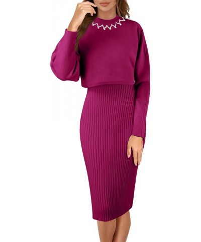 Womens Knitted Dress Pullover Top and Dress Bodycon 2 Piece Set Sweater Midi Dress Jumper Knitted Dress Set 02 D-red $21.72 S...