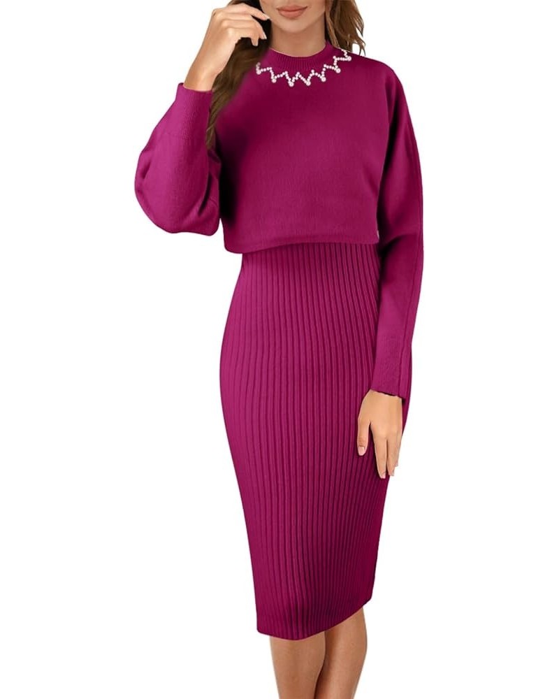 Womens Knitted Dress Pullover Top and Dress Bodycon 2 Piece Set Sweater Midi Dress Jumper Knitted Dress Set 02 D-red $21.72 S...