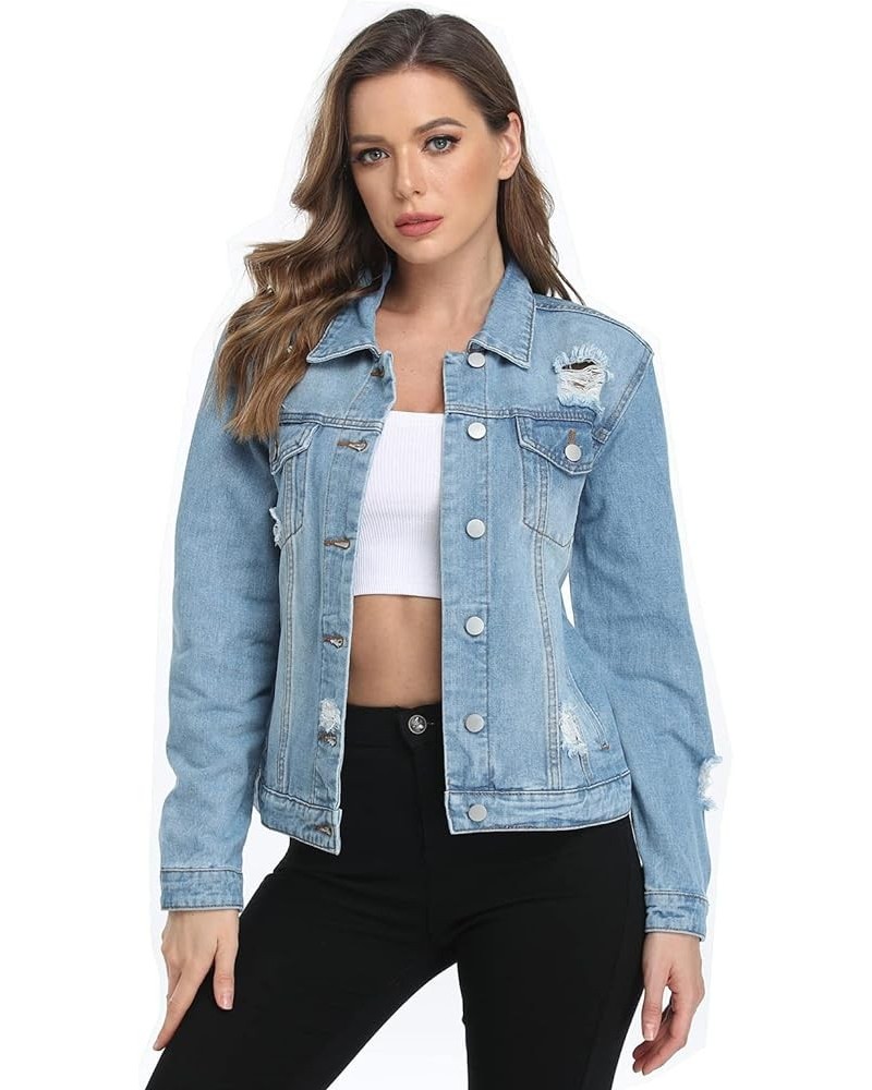 Women's Denim Jackets Ripped Distressed Casual Long Sleeve Basic Button Down Jean Jacket with Pockets A Medium Blue $12.00 Ja...