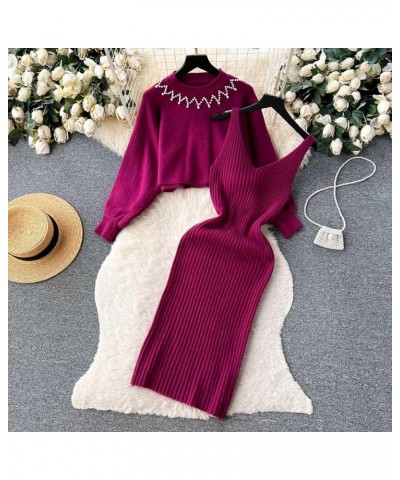 Womens Knitted Dress Pullover Top and Dress Bodycon 2 Piece Set Sweater Midi Dress Jumper Knitted Dress Set 02 D-red $21.72 S...