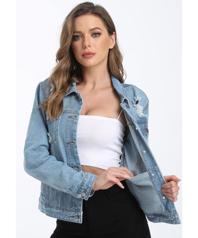 Women's Denim Jackets Ripped Distressed Casual Long Sleeve Basic Button Down Jean Jacket with Pockets A Medium Blue $12.00 Ja...