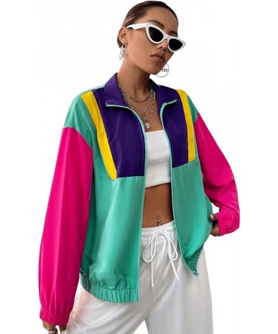 Women's Colorblock Zip Up Long Sleeve Collar Windbreaker Jacket Coat Green Hot Pink $17.86 Jackets