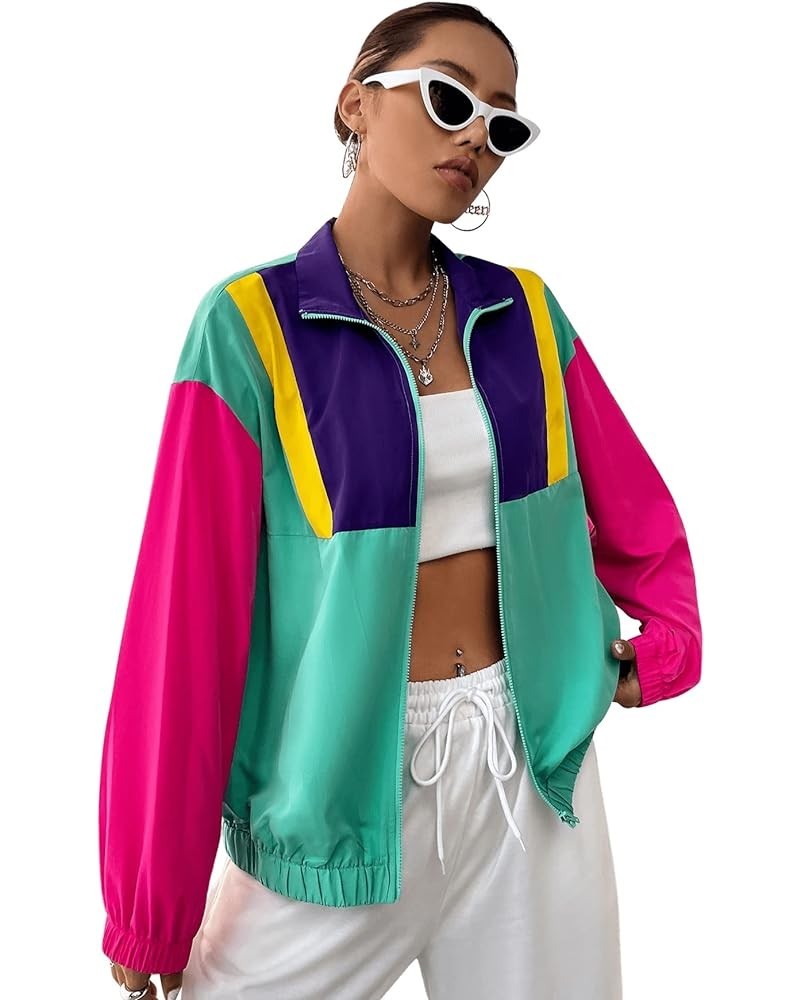 Women's Colorblock Zip Up Long Sleeve Collar Windbreaker Jacket Coat Green Hot Pink $17.86 Jackets