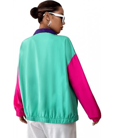 Women's Colorblock Zip Up Long Sleeve Collar Windbreaker Jacket Coat Green Hot Pink $17.86 Jackets