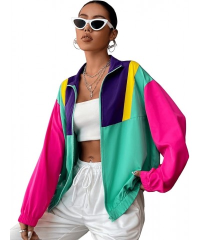 Women's Colorblock Zip Up Long Sleeve Collar Windbreaker Jacket Coat Green Hot Pink $17.86 Jackets