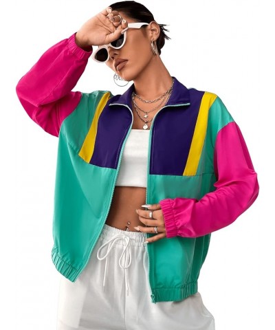 Women's Colorblock Zip Up Long Sleeve Collar Windbreaker Jacket Coat Green Hot Pink $17.86 Jackets