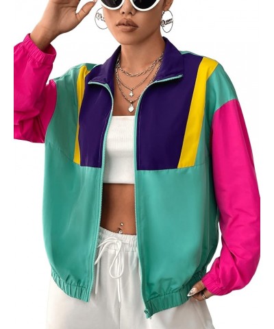 Women's Colorblock Zip Up Long Sleeve Collar Windbreaker Jacket Coat Green Hot Pink $17.86 Jackets