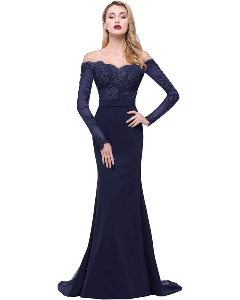 Off The Shoulder Mermaid Bridesmaid Dresses Long Lace Prom Party Gowns Long Sleeves Navy Blue $46.06 Dresses