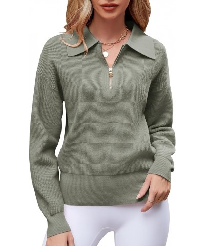 Women's Long Sleeve Half Zip Pullover Sweaters Casual V Neck Collared Waffle Knit Loose Jumper Tops Grey $25.44 Sweaters