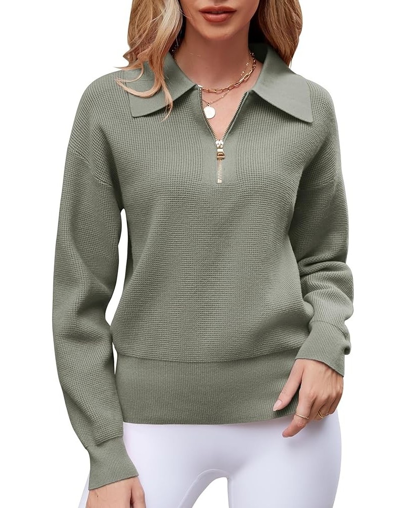 Women's Long Sleeve Half Zip Pullover Sweaters Casual V Neck Collared Waffle Knit Loose Jumper Tops Grey $25.44 Sweaters