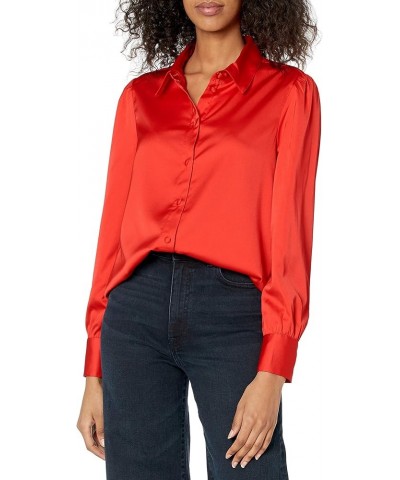 Women's Long-Sleeve Button-Down Stretch Satin Shirt Red $10.54 Blouses