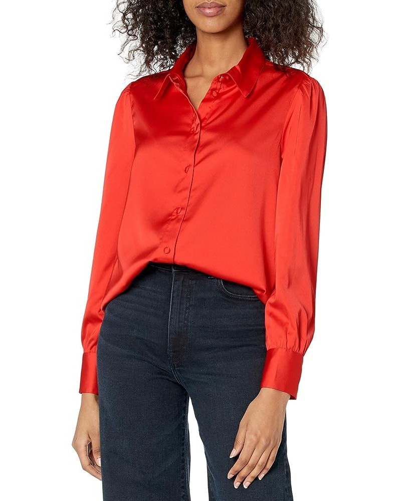 Women's Long-Sleeve Button-Down Stretch Satin Shirt Red $10.54 Blouses