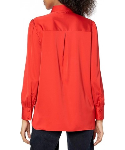 Women's Long-Sleeve Button-Down Stretch Satin Shirt Red $10.54 Blouses