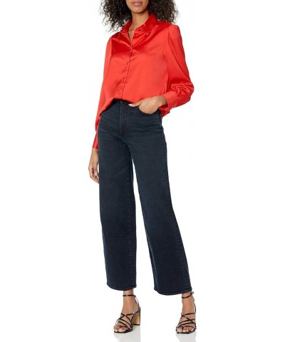 Women's Long-Sleeve Button-Down Stretch Satin Shirt Red $10.54 Blouses