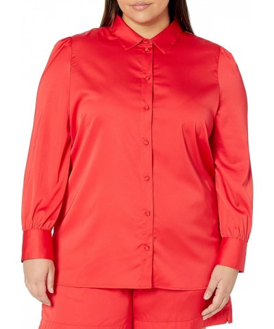 Women's Long-Sleeve Button-Down Stretch Satin Shirt Red $10.54 Blouses