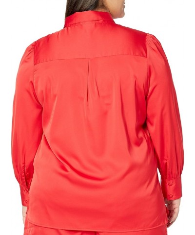 Women's Long-Sleeve Button-Down Stretch Satin Shirt Red $10.54 Blouses