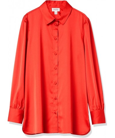 Women's Long-Sleeve Button-Down Stretch Satin Shirt Red $10.54 Blouses