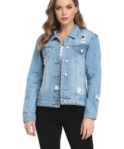 Women's Denim Jackets Ripped Distressed Casual Long Sleeve Basic Button Down Jean Jacket with Pockets A Medium Blue $12.00 Ja...