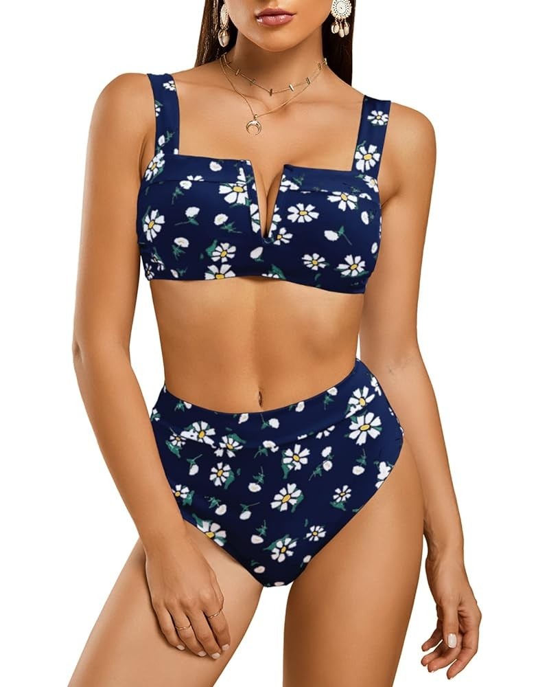 Womens Sexy Two Piece Leopard Printed Swimsuits High Waisted High Cut Padded Bikini Set Bathing Suits Zb Navy $14.87 Swimsuits