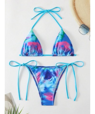 Women's Floral Print Tie Side Swimwear Straps Bikini Sets Swimsuits Blue Pink $12.30 Swimsuits